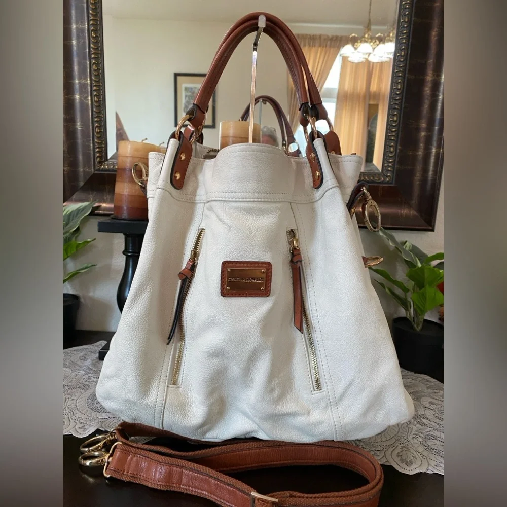Cynthia Rowley Womens Shoulder Bag, Leather Zip Pockets Off White/Brown, X LRG - Picture 13 of 16